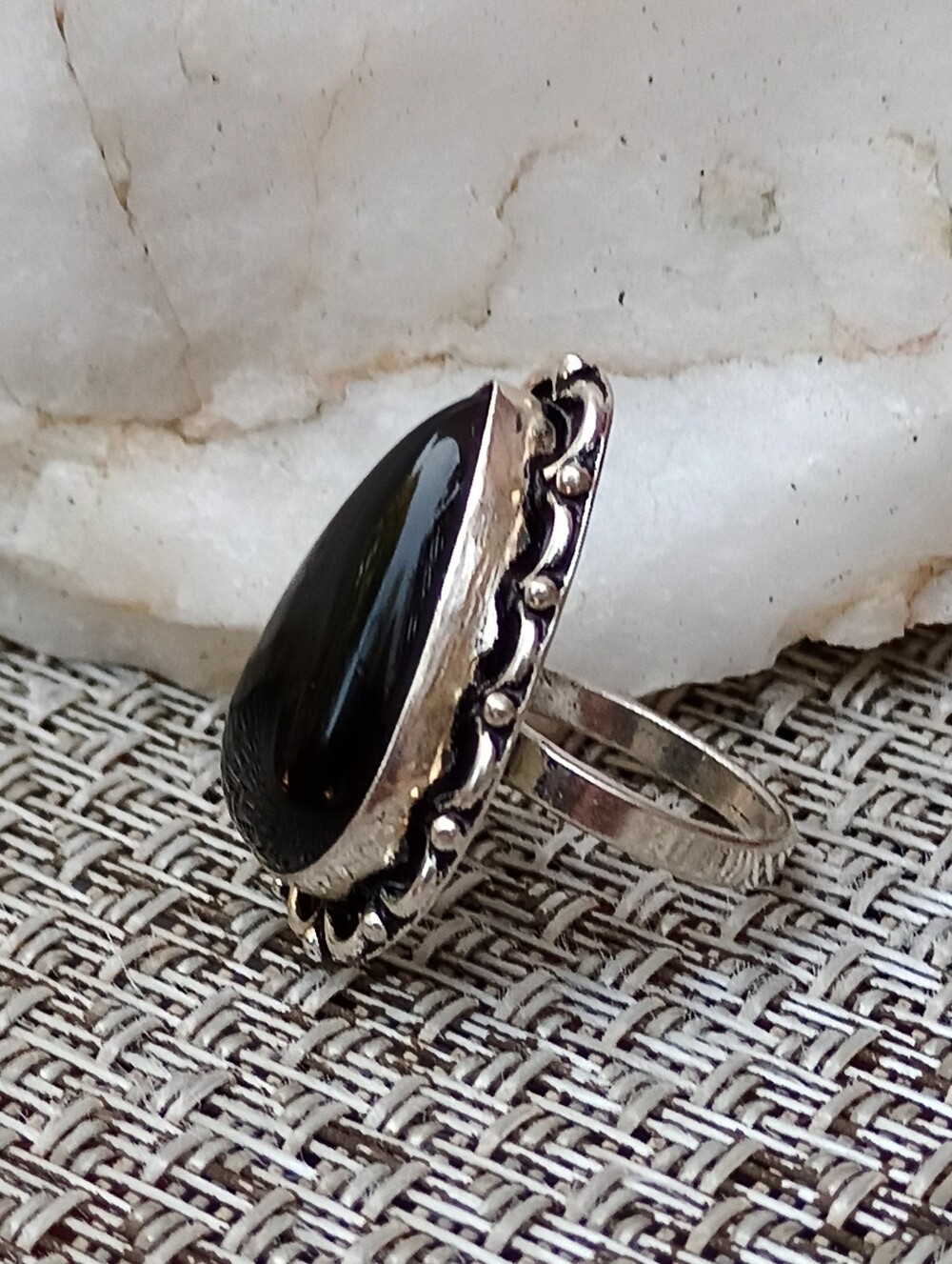 Natural Teardrop Black Onyx Boho Style 925 Sterling Silver Ring Sz 7.5 - Picture 2 of 5